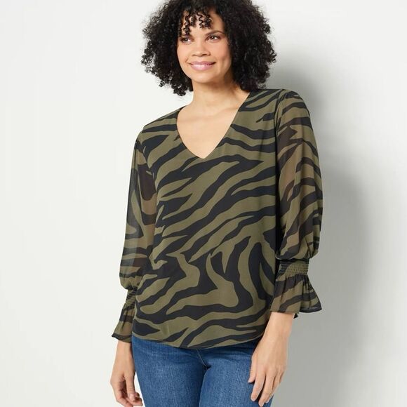 Studio Park xL Leah Williams Printed Chiffon Blouse with Ruffle Cuffs - Picture 1 of 5
